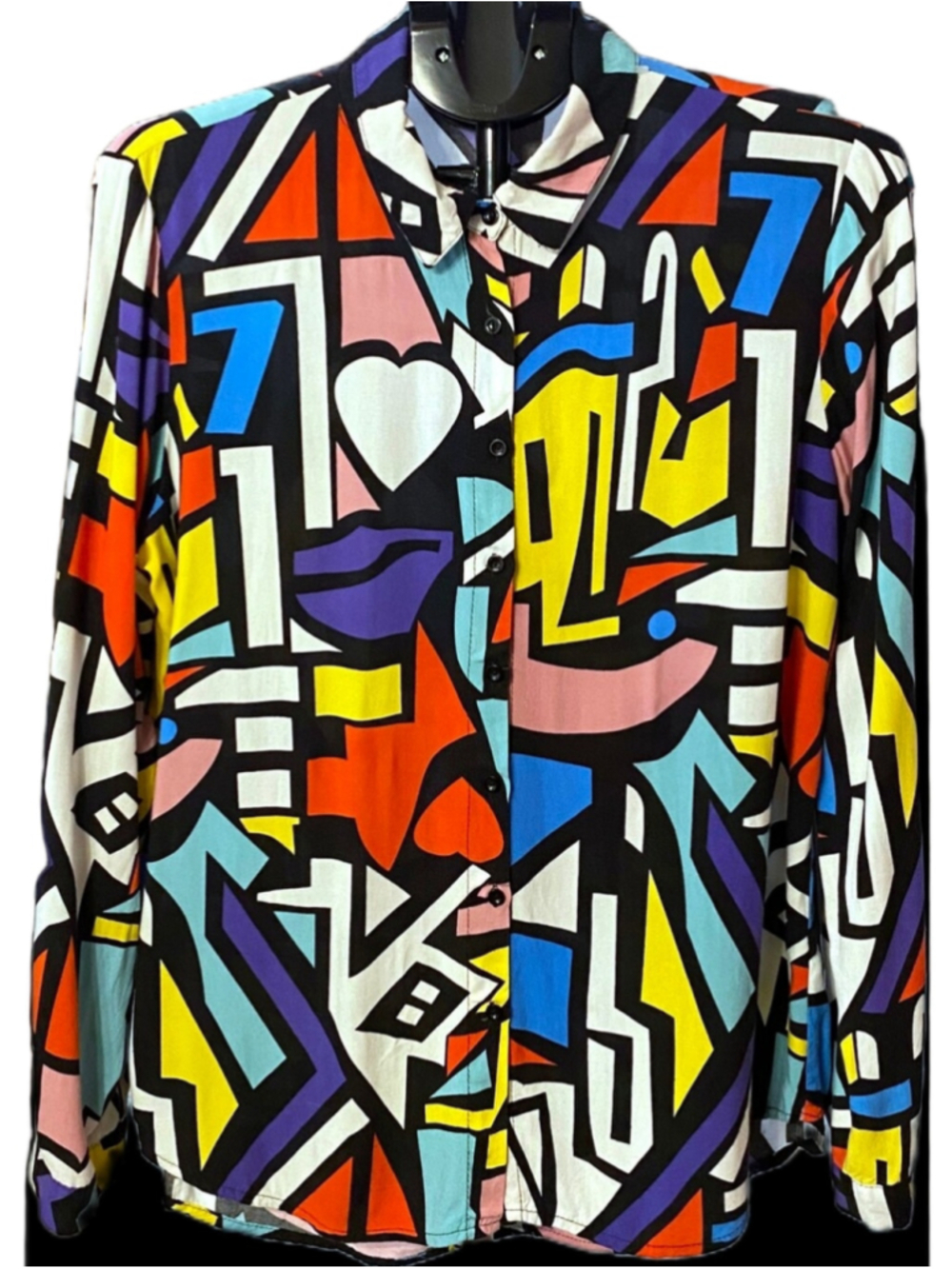 Big Dart Shirt Colorful Art Blouse 80s 90s Y2K Retro Button Up Abstract US 14